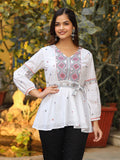 Juniper White Cotton Dobby Peplum Tunic With Multi Colored Thread Embroidery | Grocsy