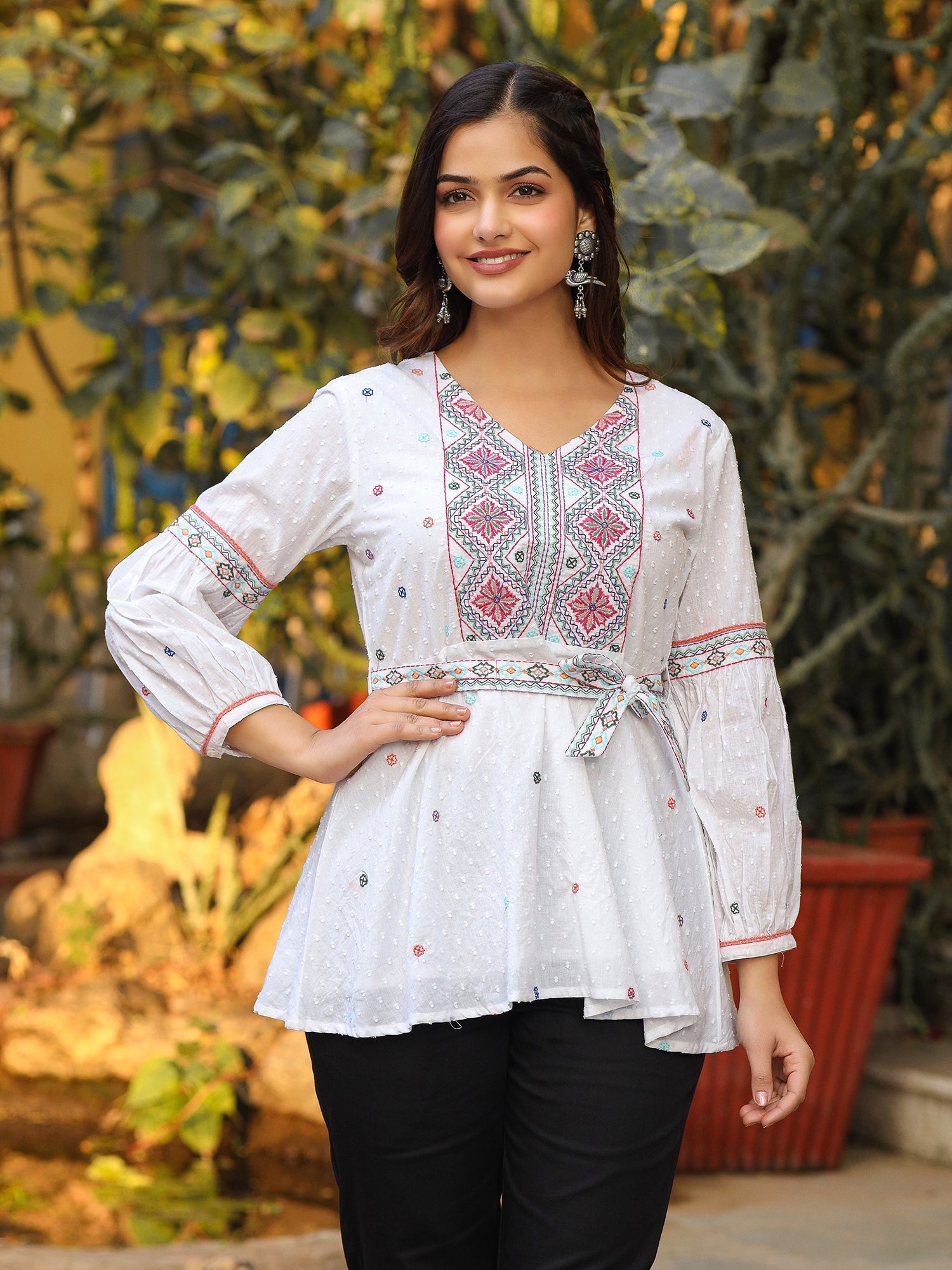 Juniper White Cotton Dobby Peplum Tunic With Multi Colored Thread Embroidery | Grocsy