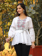 Juniper White Cotton Dobby Peplum Tunic With Multi Colored Thread Embroidery | Grocsy