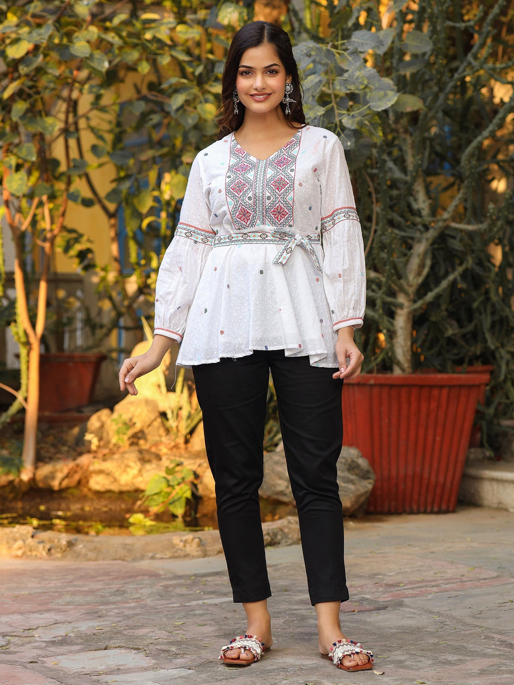 Juniper White Cotton Dobby Peplum Tunic With Multi Colored Thread Embroidery | Grocsy