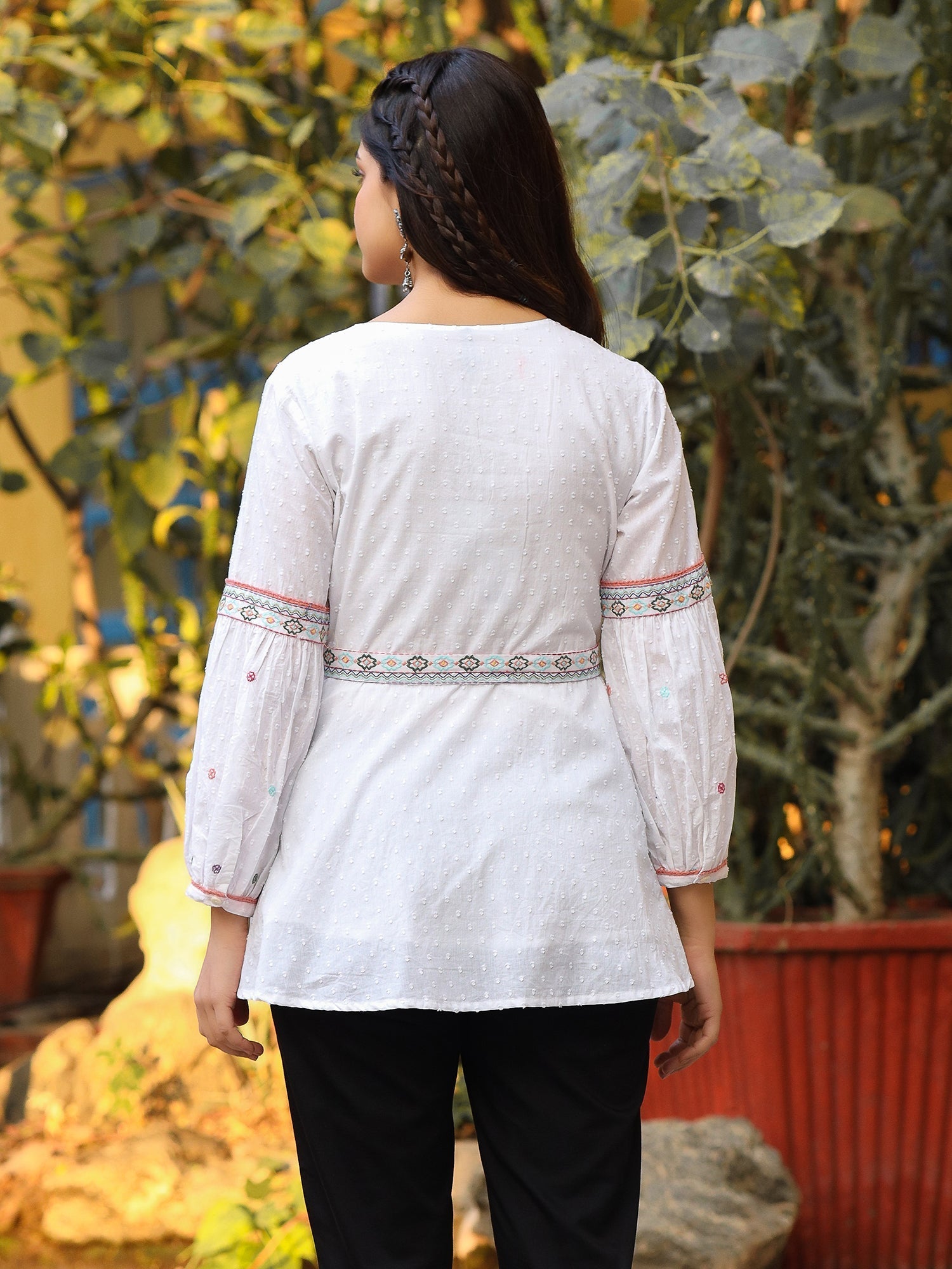 Juniper White Cotton Dobby Peplum Tunic With Multi Colored Thread Embroidery | Grocsy