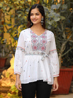 Juniper White Cotton Dobby Peplum Tunic With Multi Colored Thread Embroidery | Grocsy