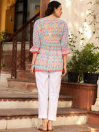 Juniper Women's Blue Embroidered Cotton Voile Peplum Tunic | Grocsy