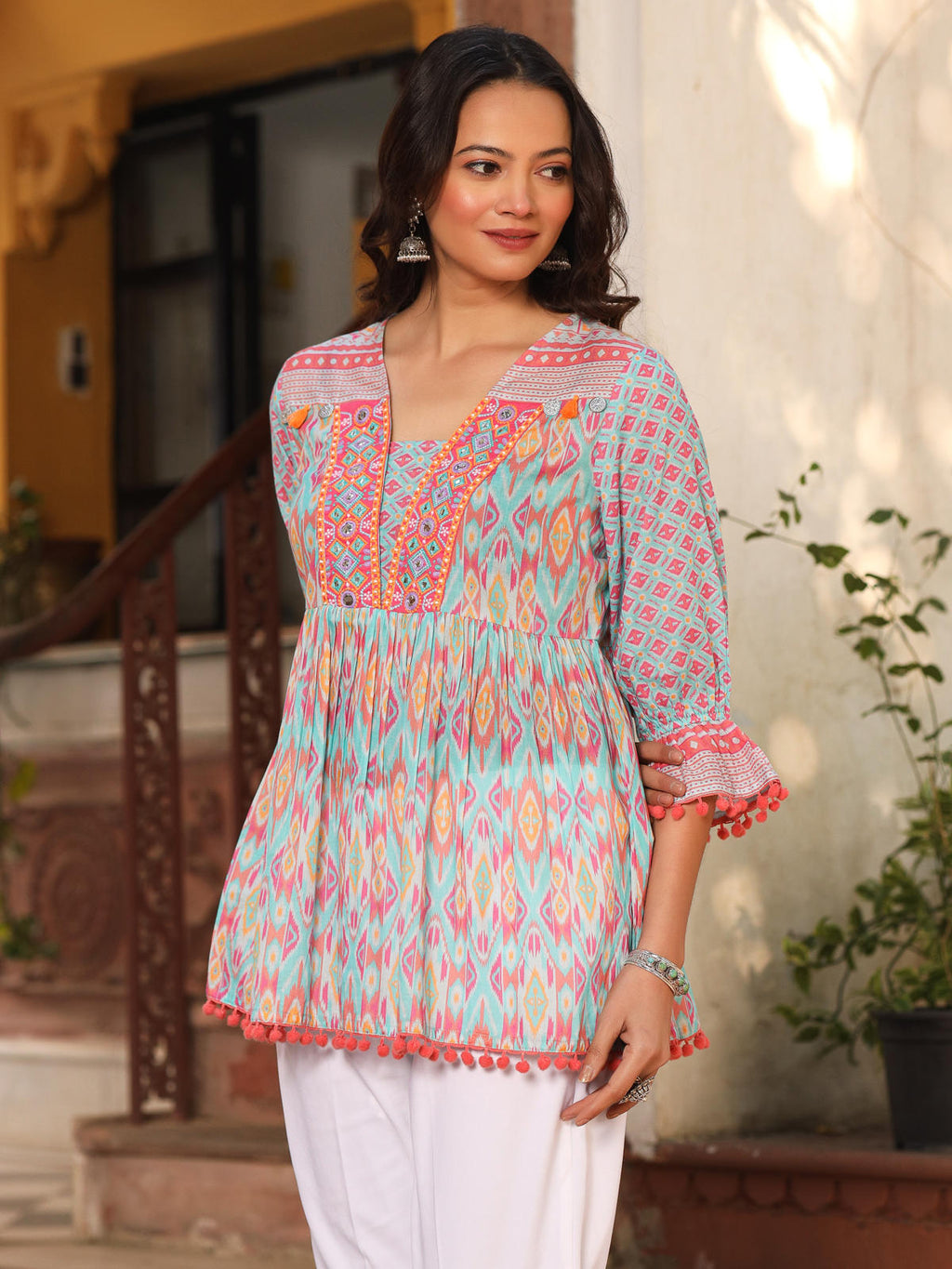Juniper Women's Blue Embroidered Cotton Voile Peplum Tunic | Grocsy