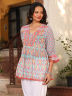 Juniper Women's Blue Embroidered Cotton Voile Peplum Tunic | Grocsy