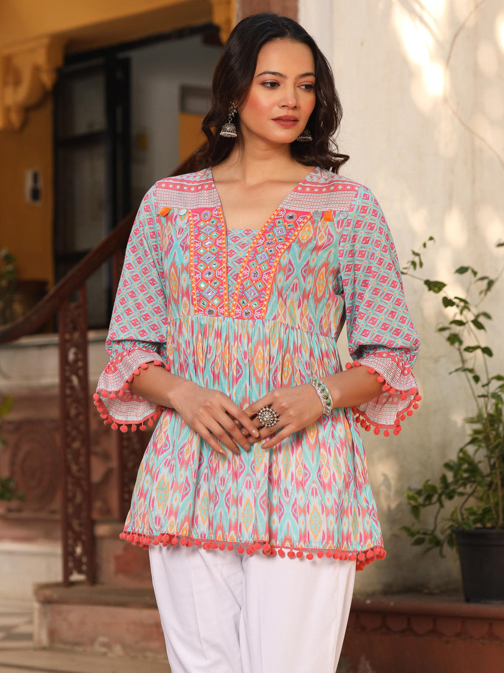 Juniper Women's Blue Embroidered Cotton Voile Peplum Tunic | Grocsy