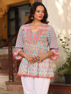 Juniper Women's Blue Embroidered Cotton Voile Peplum Tunic | Grocsy