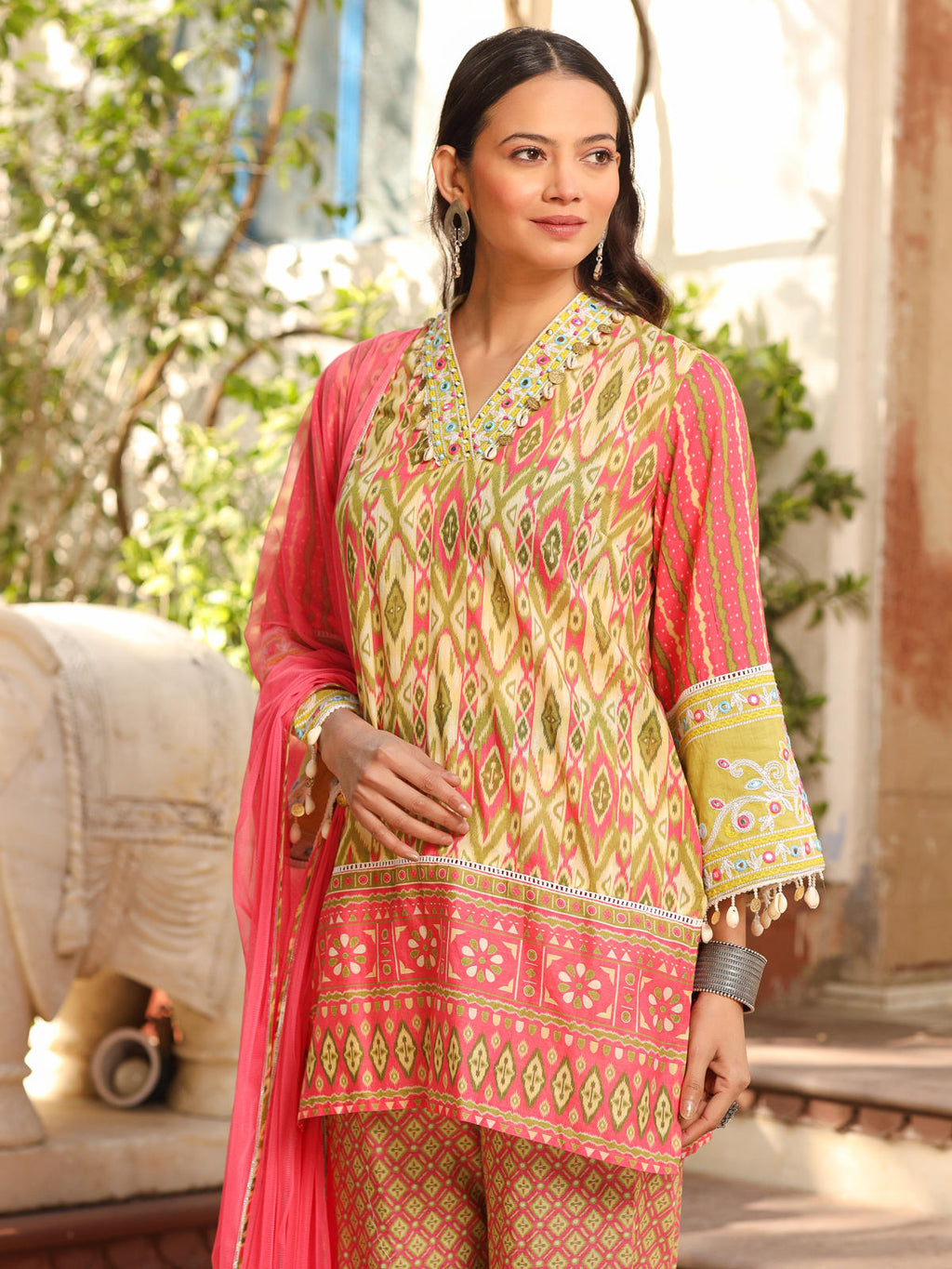 Juniper Women's Green Cotton Ikat Printed Short Kurta Bell Bottom & Dupatta With Threaded Embroidery & Kaudis | Grocsy