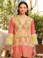 Juniper Women's Green Cotton Ikat Printed Short Kurta Bell Bottom & Dupatta With Threaded Embroidery & Kaudis | Grocsy