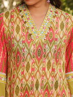 Juniper Women's Green Cotton Ikat Printed Short Kurta Bell Bottom & Dupatta With Threaded Embroidery & Kaudis | Grocsy