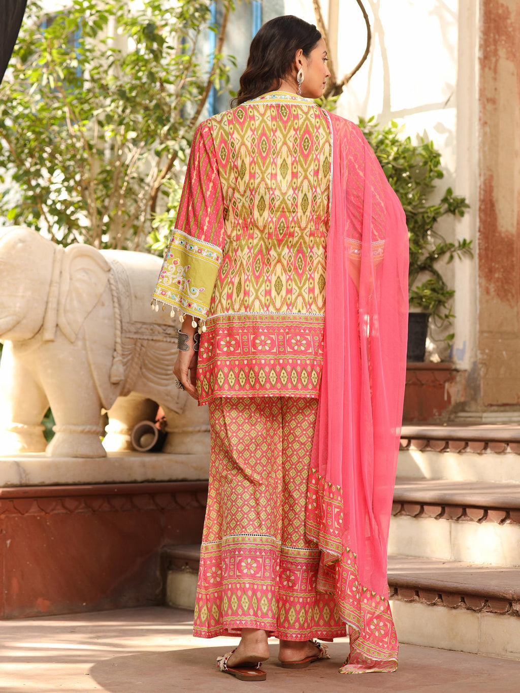 Juniper Women's Green Cotton Ikat Printed Short Kurta Bell Bottom & Dupatta With Threaded Embroidery & Kaudis | Grocsy