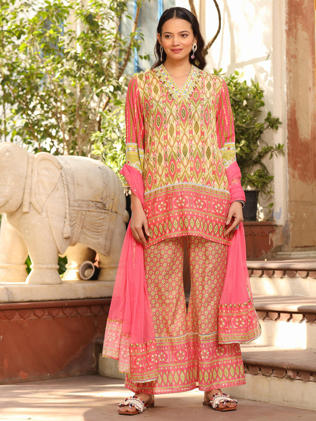 Juniper Women's Green Cotton Ikat Printed Short Kurta Bell Bottom & Dupatta With Threaded Embroidery & Kaudis | Grocsy