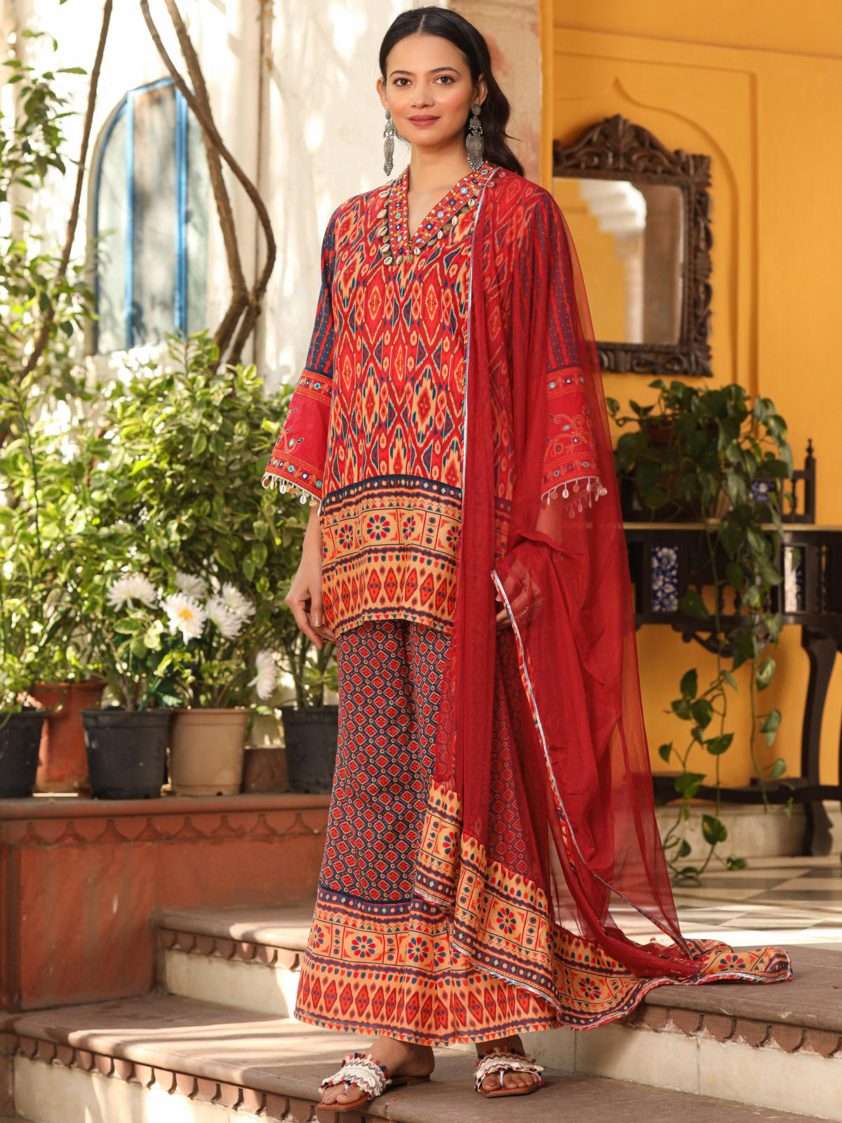 Juniper Women's Rust Ikat Printed Cotton Voile Kurta Bell Bottom & Dupatta Set With Coins Kaudis & Mirror Work | Grocsy