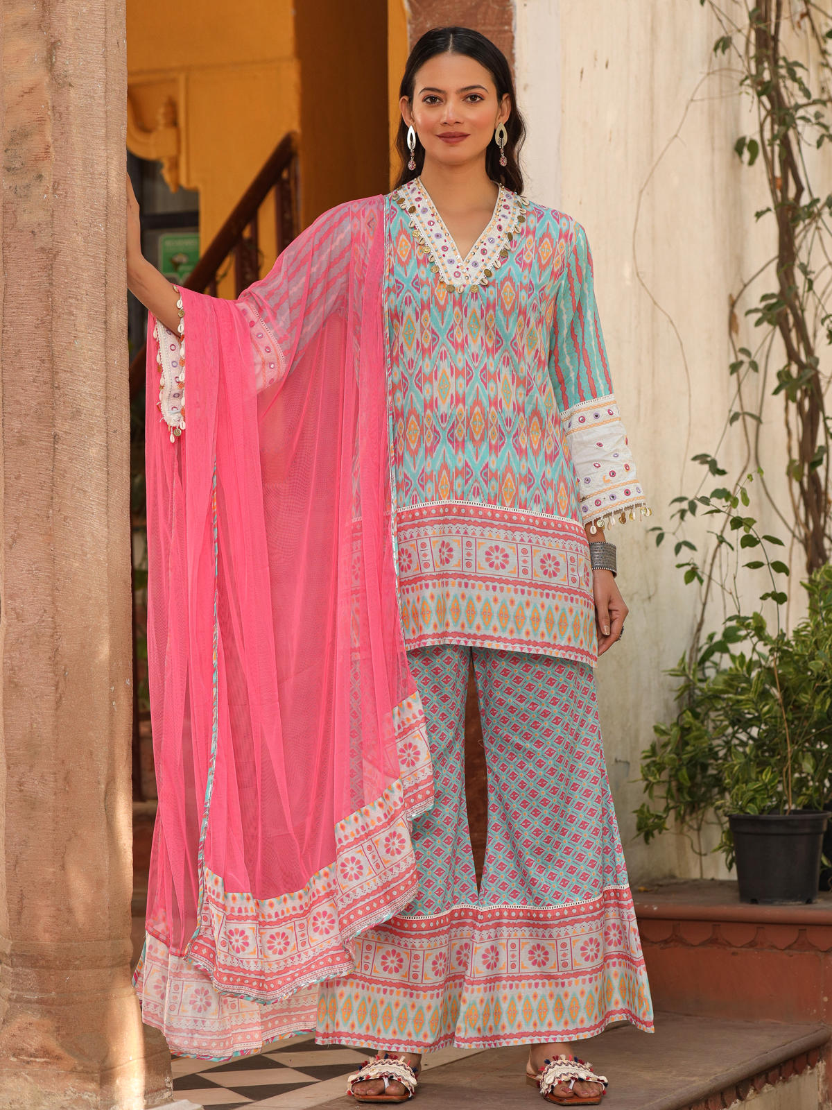 Juniper Women's Sky Blue Ikat Printed Cotton Voile Kurta Bell Bottom & Dupatta Set With Coins Kaudi & Mirror Work | Grocsy