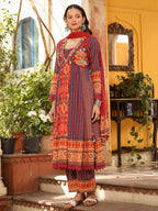 Juniper Women's Rust Pure Cotton Ikat Printed Alia Cut Anarkali Kurta Set With Tassels & Thread Embroidery | Grocsy