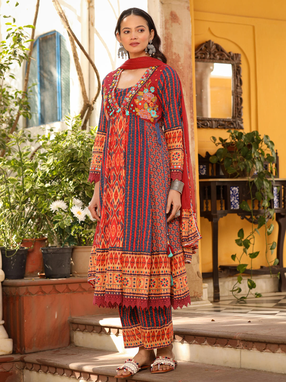 Juniper Women's Rust Pure Cotton Ikat Printed Alia Cut Anarkali Kurta Set With Tassels & Thread Embroidery | Grocsy