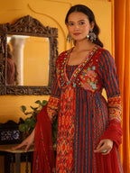 Juniper Women's Rust Pure Cotton Ikat Printed Alia Cut Anarkali Kurta Set With Tassels & Thread Embroidery | Grocsy