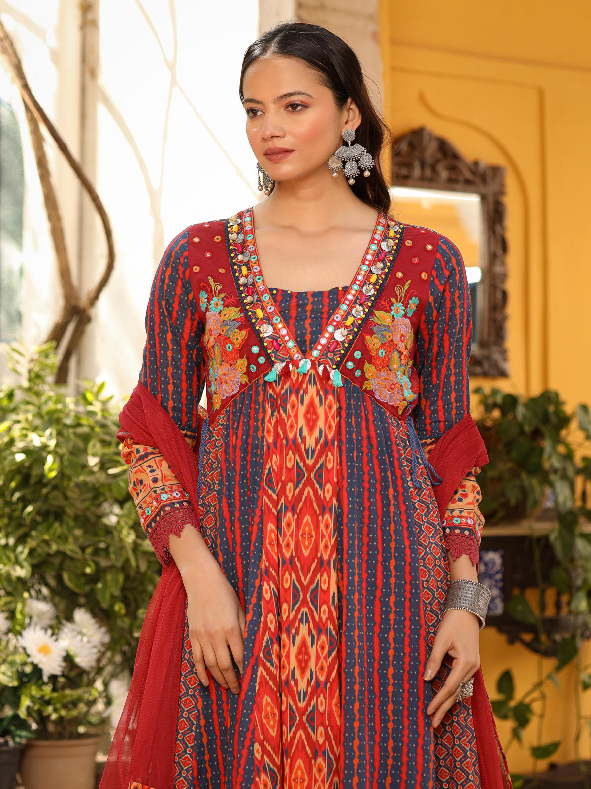 Juniper Women's Rust Pure Cotton Ikat Printed Alia Cut Anarkali Kurta Set With Tassels & Thread Embroidery | Grocsy