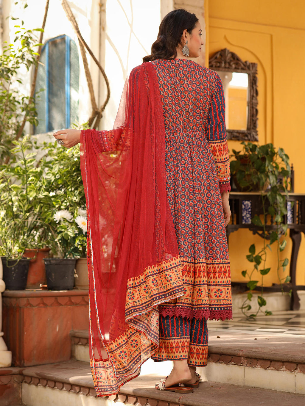 Juniper Women's Rust Pure Cotton Ikat Printed Alia Cut Anarkali Kurta Set With Tassels & Thread Embroidery | Grocsy