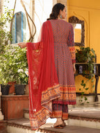 Juniper Women's Rust Pure Cotton Ikat Printed Alia Cut Anarkali Kurta Set With Tassels & Thread Embroidery | Grocsy