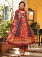 Juniper Women's Rust Pure Cotton Ikat Printed Alia Cut Anarkali Kurta Set With Tassels & Thread Embroidery | Grocsy