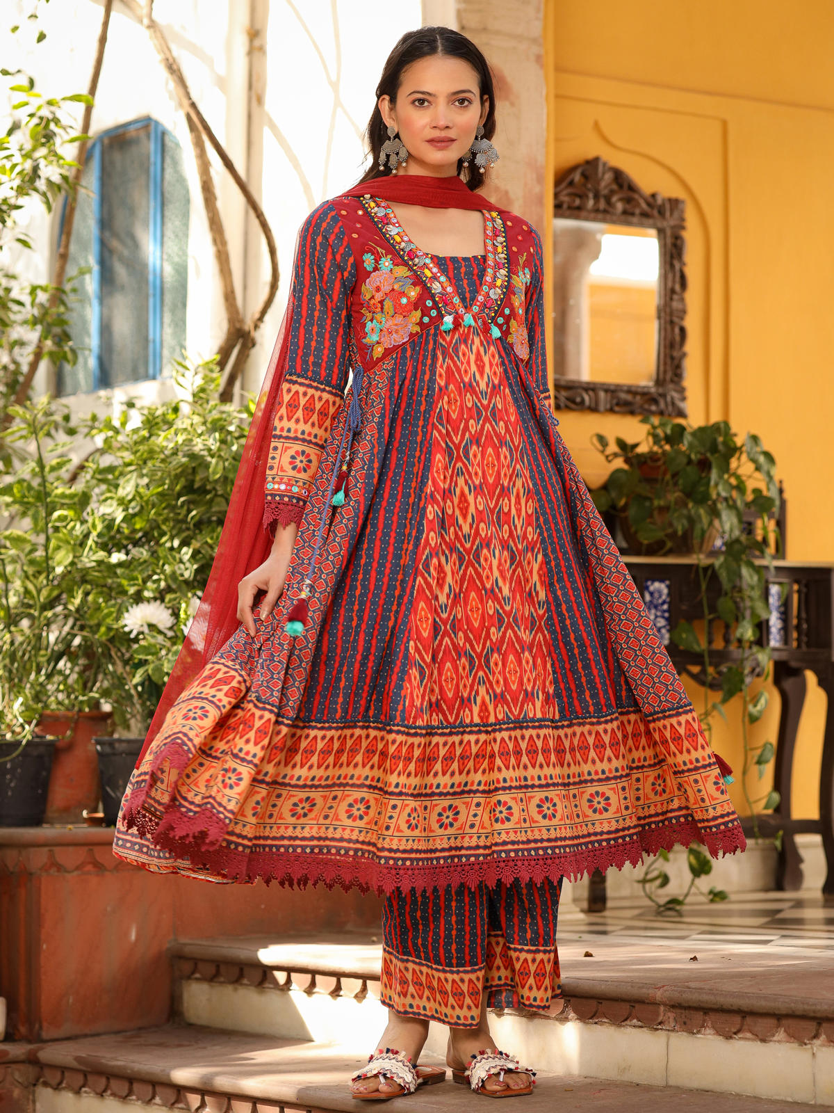 Juniper Women's Rust Pure Cotton Ikat Printed Alia Cut Anarkali Kurta Set With Tassels & Thread Embroidery | Grocsy