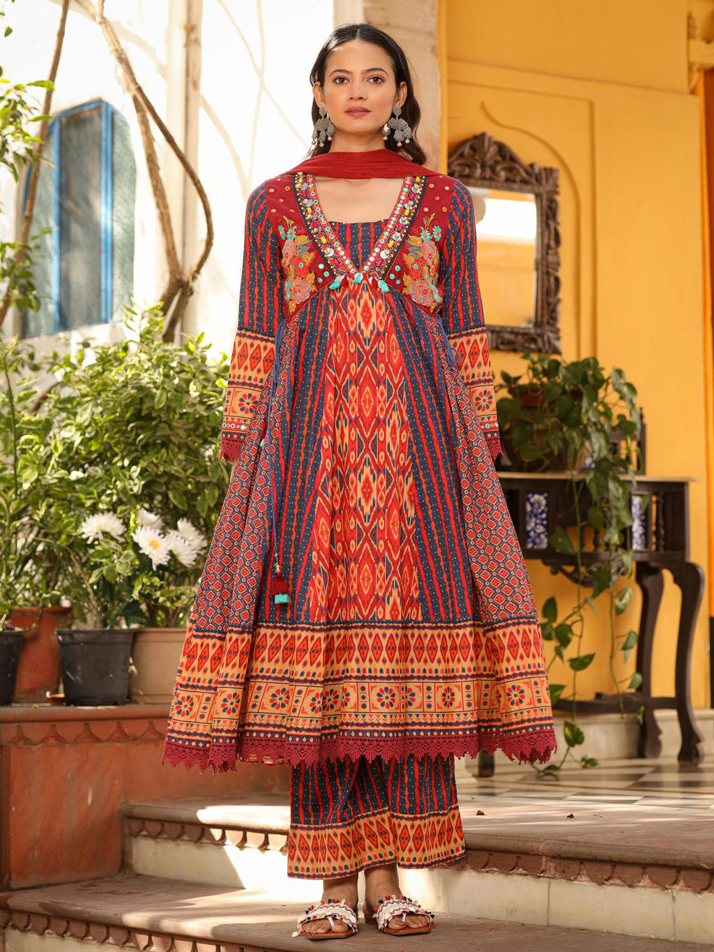 Juniper Women's Rust Pure Cotton Ikat Printed Alia Cut Anarkali Kurta Set With Tassels & Thread Embroidery | Grocsy