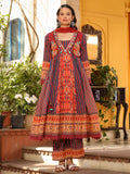 Juniper Women's Rust Pure Cotton Ikat Printed Alia Cut Anarkali Kurta Set With Tassels & Thread Embroidery | Grocsy
