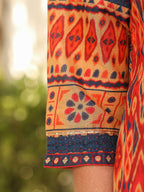 Juniper Rust Cotton Ikat Printed Kurta With Pants And Dupatta Set With Thread Embroidery & Laces (3-Pcs) | Grocsy