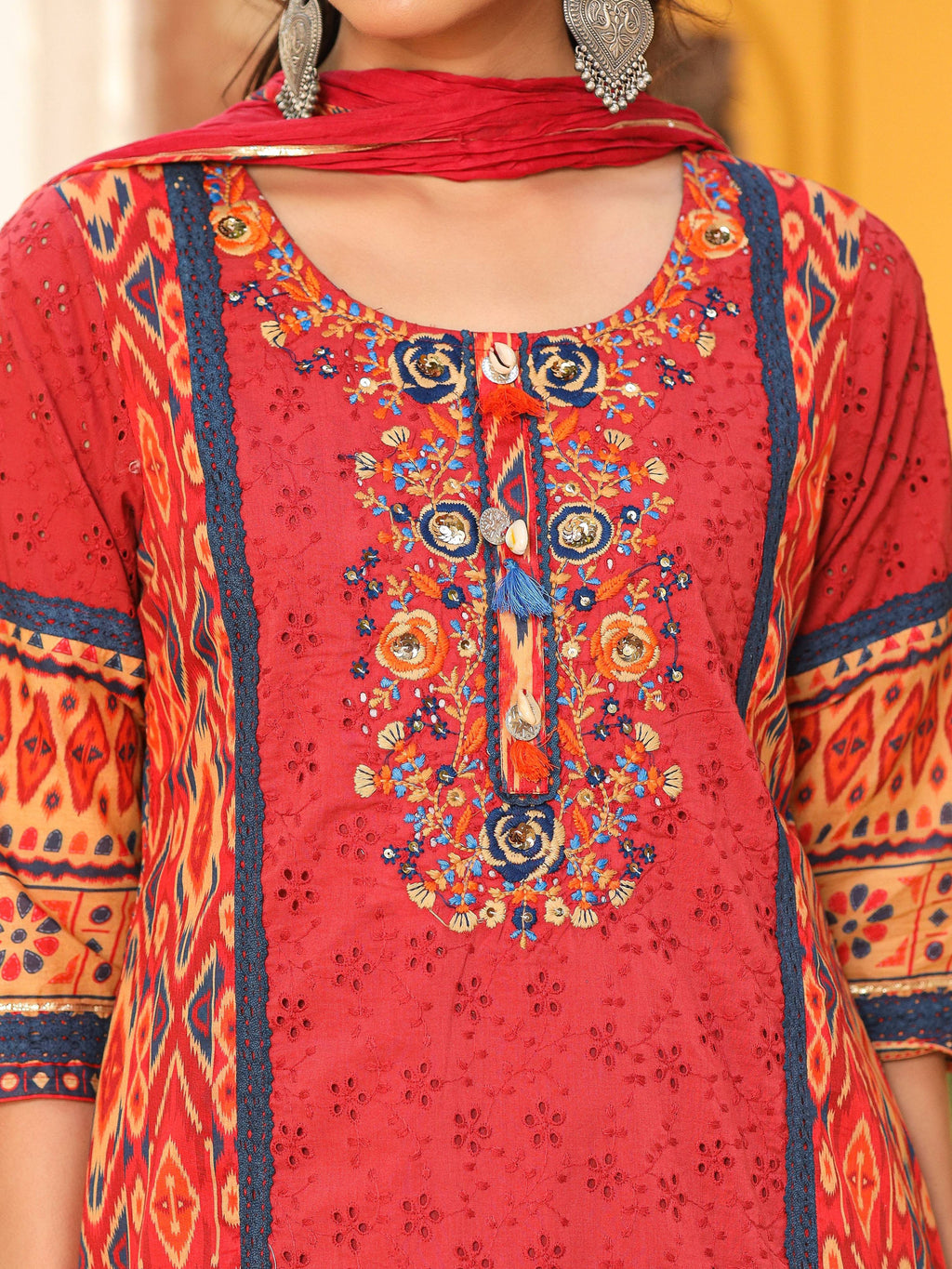 Juniper Rust Cotton Ikat Printed Kurta With Pants And Dupatta Set With Thread Embroidery & Laces (3-Pcs) | Grocsy