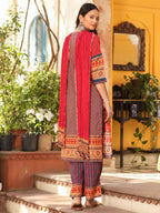 Juniper Rust Cotton Ikat Printed Kurta With Pants And Dupatta Set With Thread Embroidery & Laces (3-Pcs) | Grocsy