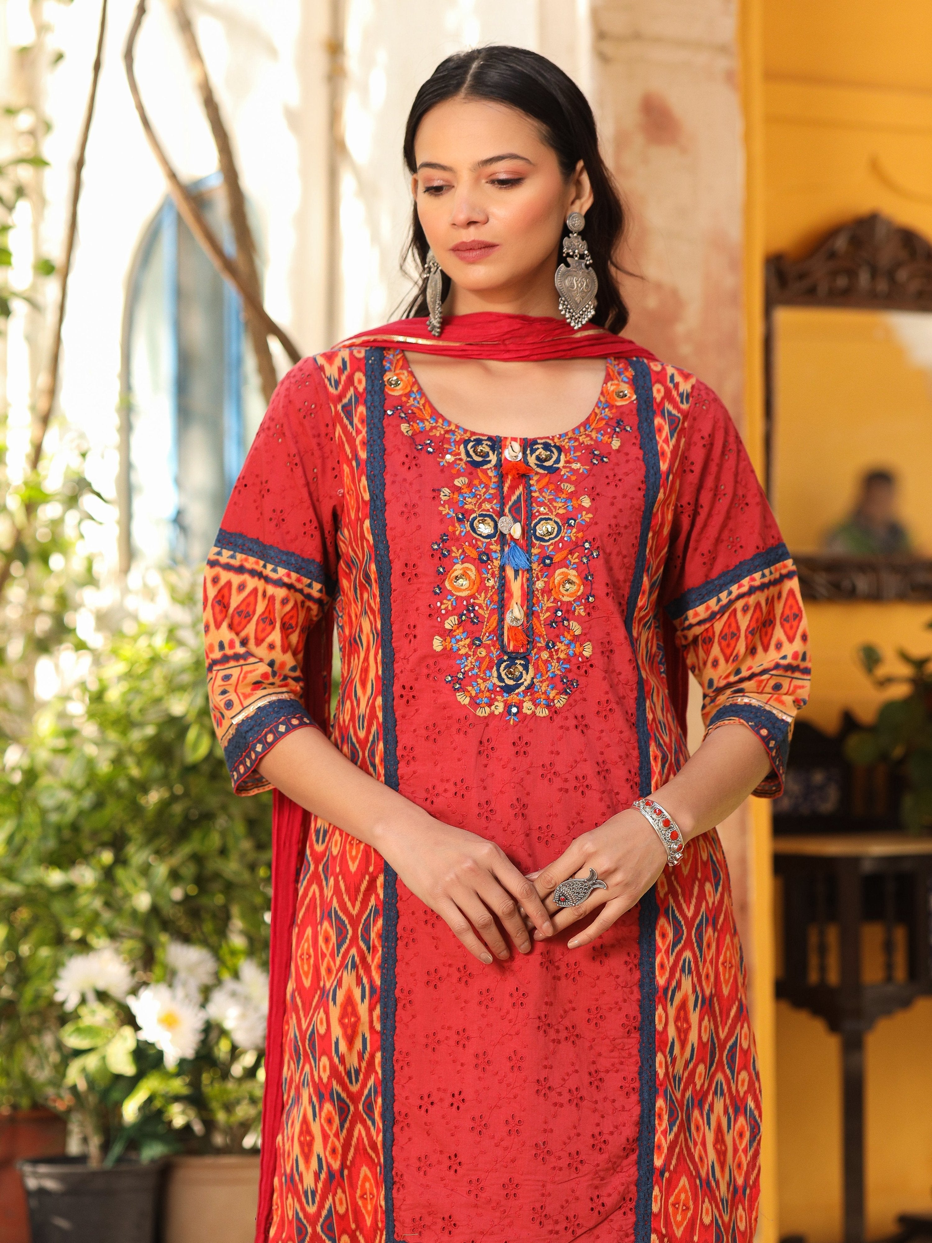 Juniper Rust Cotton Ikat Printed Kurta With Pants And Dupatta Set With Thread Embroidery & Laces (3-Pcs) | Grocsy