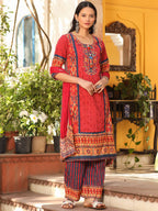 Juniper Rust Cotton Ikat Printed Kurta With Pants And Dupatta Set With Thread Embroidery & Laces (3-Pcs) | Grocsy