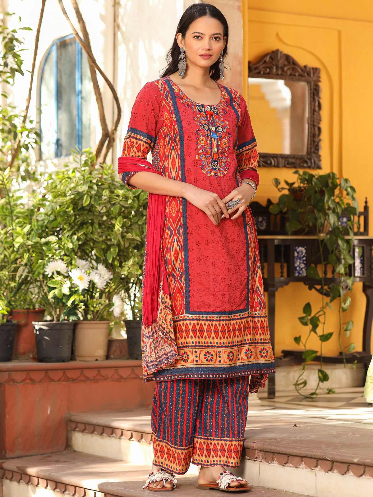 Juniper Rust Cotton Ikat Printed Kurta With Pants And Dupatta Set With Thread Embroidery & Laces (3-Pcs) | Grocsy