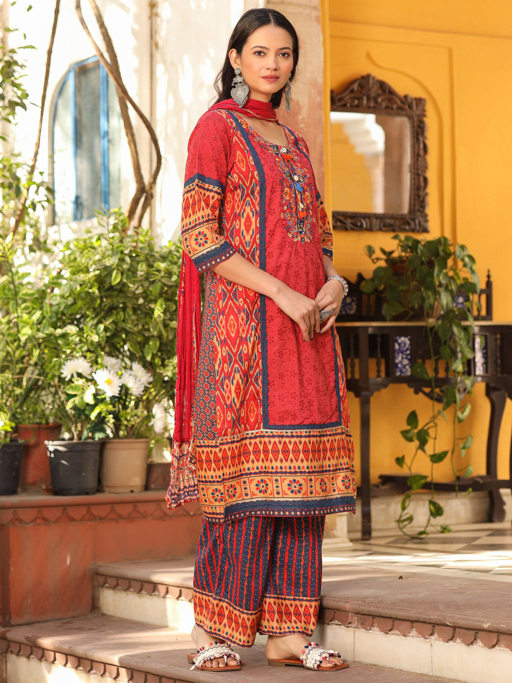Juniper Rust Cotton Ikat Printed Kurta With Pants And Dupatta Set With Thread Embroidery & Laces (3-Pcs) | Grocsy