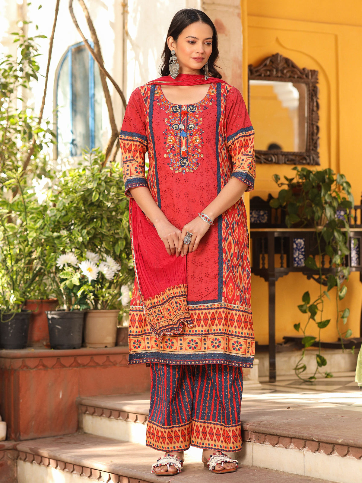 Juniper Rust Cotton Ikat Printed Kurta With Pants And Dupatta Set With Thread Embroidery & Laces (3-Pcs) | Grocsy