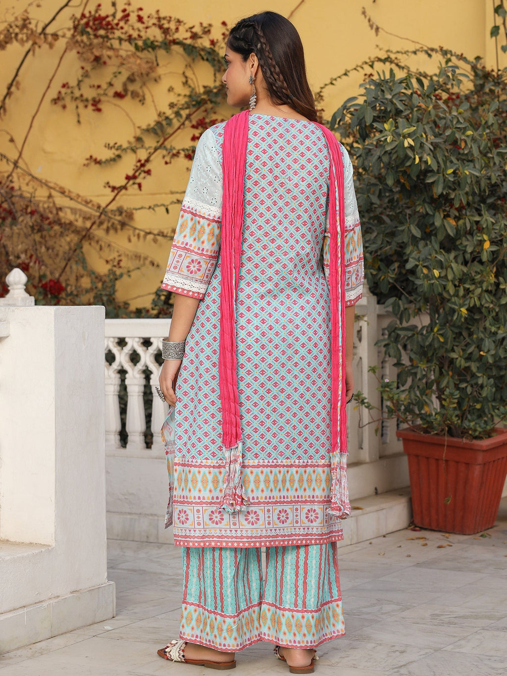 Juniper Sky Blue Cotton Ikat Printed Kurta With Pants And Dupatta Set With Thread Embroidery & Laces | Grocsy