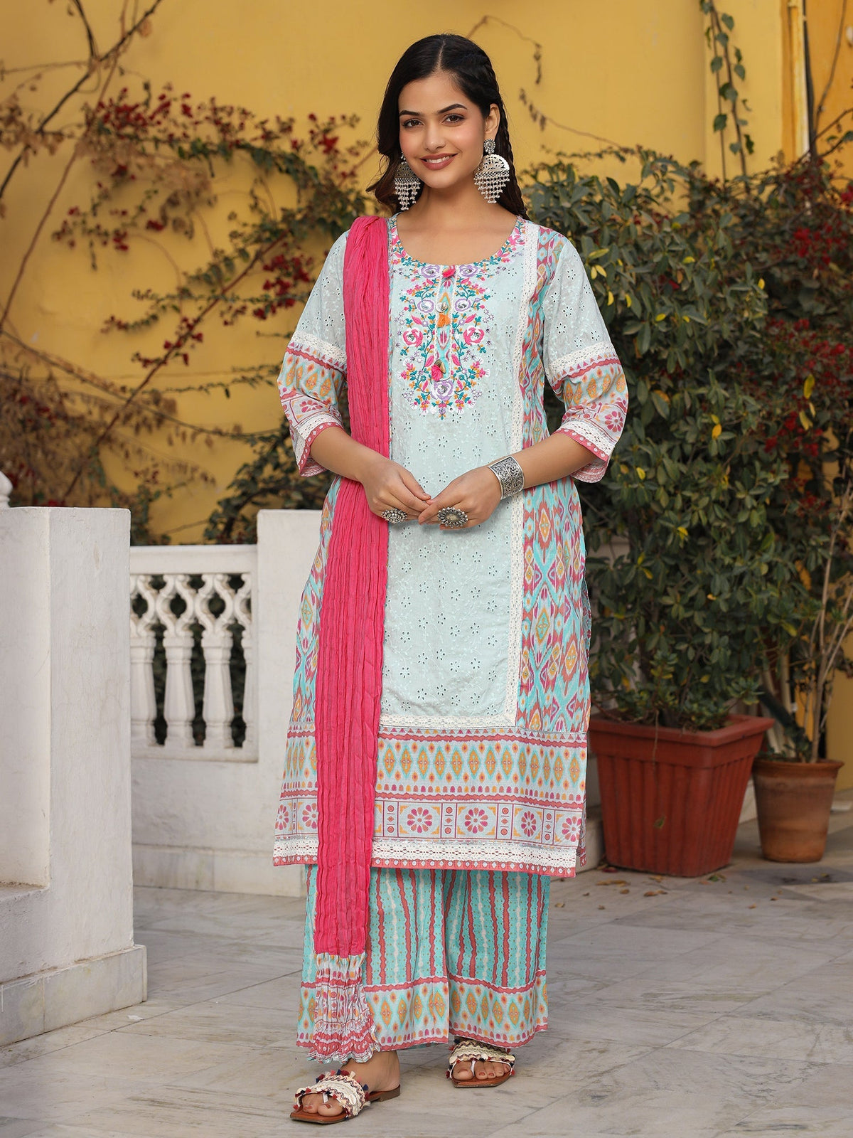 Juniper Sky Blue Cotton Ikat Printed Kurta With Pants And Dupatta Set With Thread Embroidery & Laces | Grocsy