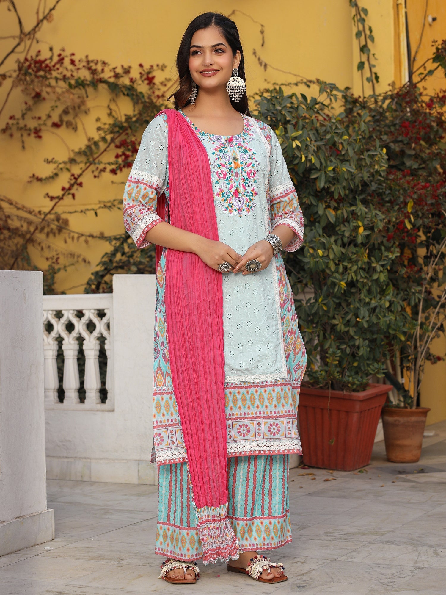 Juniper Sky Blue Cotton Ikat Printed Kurta With Pants And Dupatta Set With Thread Embroidery & Laces | Grocsy