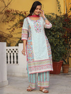 Juniper Sky Blue Cotton Ikat Printed Kurta With Pants And Dupatta Set With Thread Embroidery & Laces | Grocsy