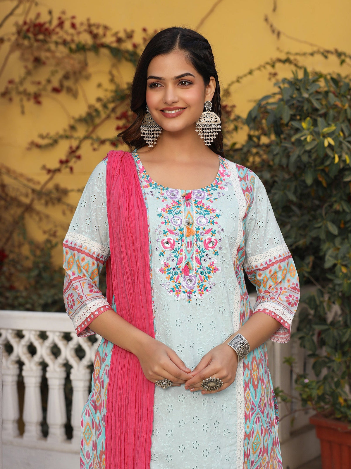 Juniper Sky Blue Cotton Ikat Printed Kurta With Pants And Dupatta Set With Thread Embroidery & Laces | Grocsy