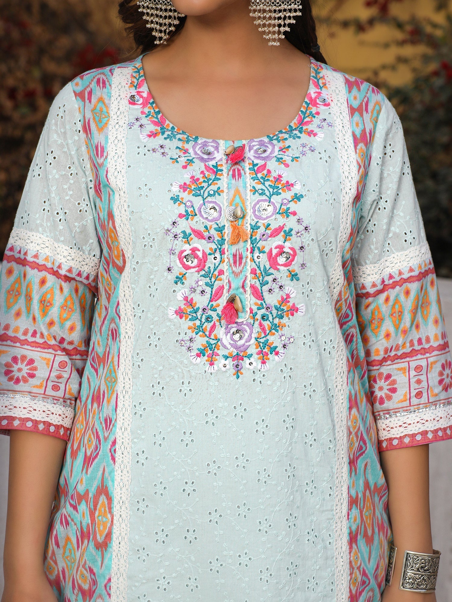 Juniper Sky Blue Cotton Ikat Printed Kurta With Pants And Dupatta Set With Thread Embroidery & Laces | Grocsy