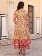 Juniper Women's Green Cotton Ikat Printed Layered Maxi Dress With Thread Embroidery & Dori Tassel Tie-Up At Waist | Grocsy