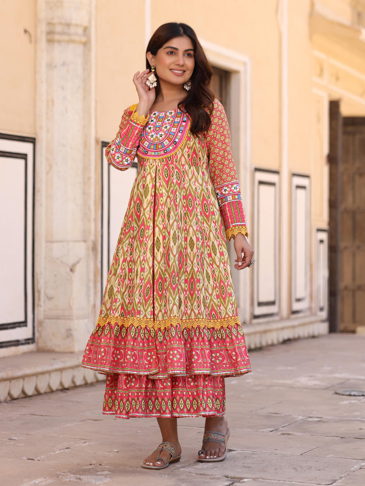 Juniper Women's Green Cotton Ikat Printed Layered Maxi Dress With Thread Embroidery & Dori Tassel Tie-Up At Waist | Grocsy