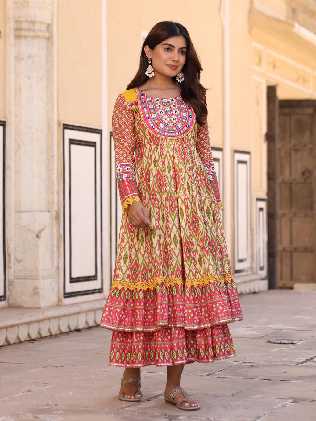 Juniper Women's Green Cotton Ikat Printed Layered Maxi Dress With Thread Embroidery & Dori Tassel Tie-Up At Waist | Grocsy