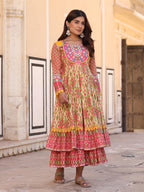 Juniper Women's Green Cotton Ikat Printed Layered Maxi Dress With Thread Embroidery & Dori Tassel Tie-Up At Waist | Grocsy
