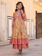 Juniper Women's Green Cotton Ikat Printed Layered Maxi Dress With Thread Embroidery & Dori Tassel Tie-Up At Waist | Grocsy