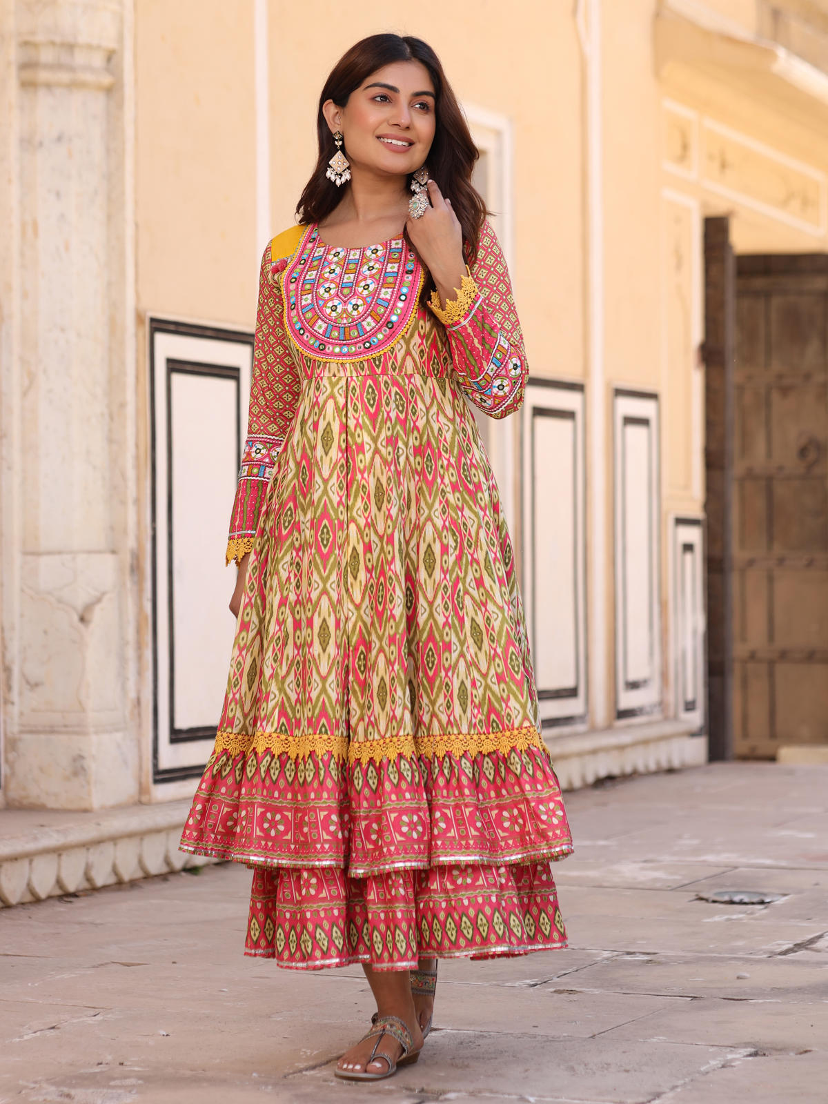 Juniper Women's Green Cotton Ikat Printed Layered Maxi Dress With Thread Embroidery & Dori Tassel Tie-Up At Waist | Grocsy