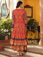Juniper Rust Cotton Ikat Printed Layered Maxi Dress With Thread Embroidery & Dori Tassel Tie-Up At Waist | Grocsy