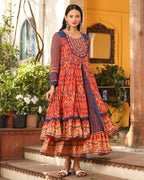 Juniper Rust Cotton Ikat Printed Layered Maxi Dress With Thread Embroidery & Dori Tassel Tie-Up At Waist | Grocsy